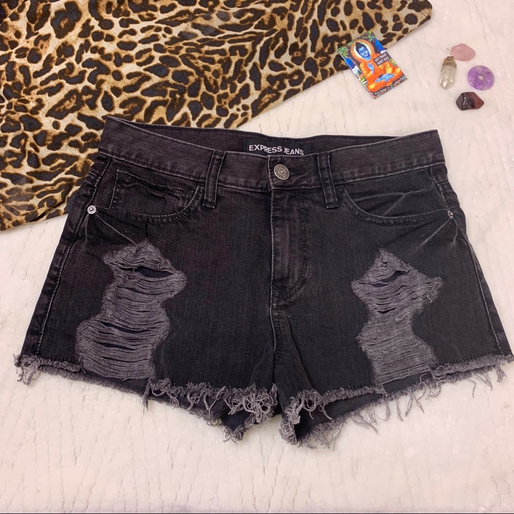 Express • Black Distressed Denim Shorts - Picture 2 of 5